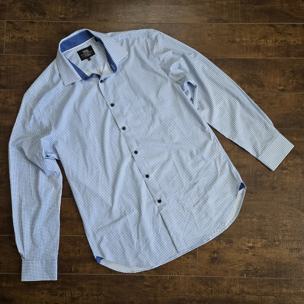 WRK New York 4-Way Stretch Performance Dress Shirt Blue Geo Size 16 1/2